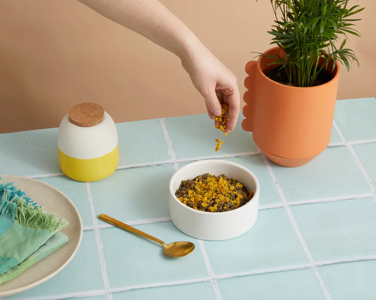 Supplement being served into a dog bowl